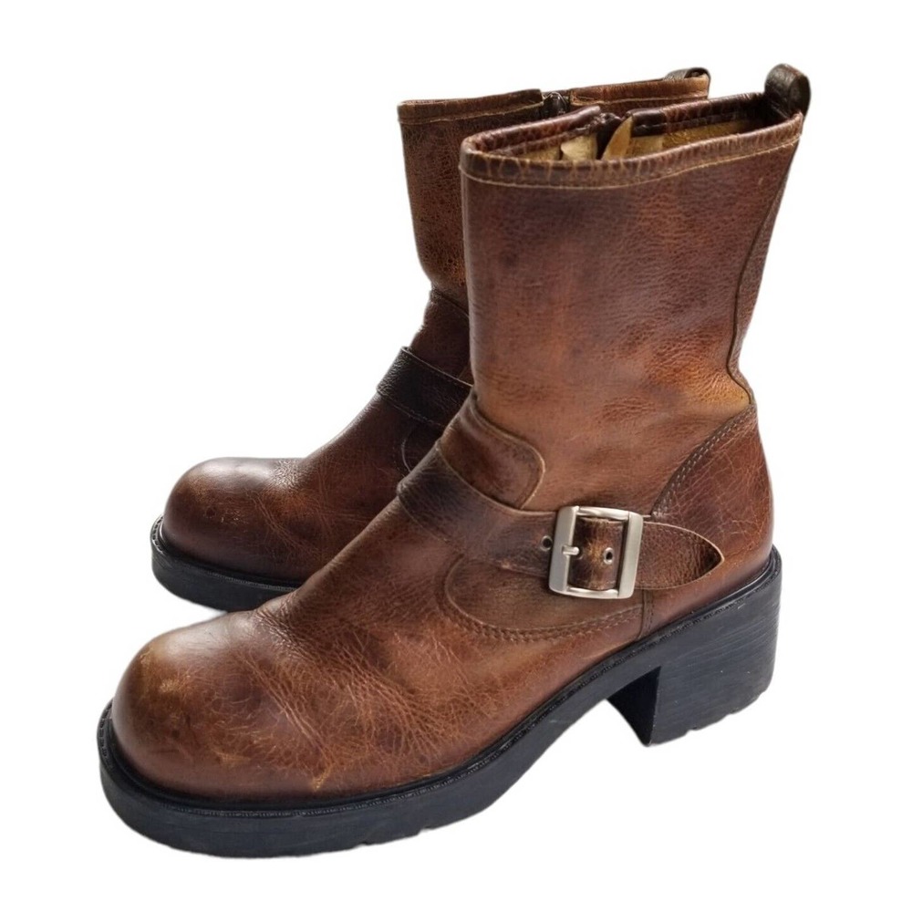Vintage Y2k Women 9.5M Chunky Heel Boots Brown Leather Grunge Buckle Distressed